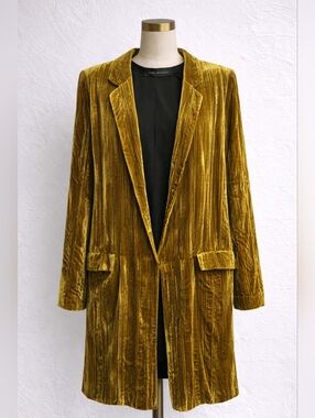 ZARA Velvet Coat Gold Long Blazer S Pleated Jacket Chic